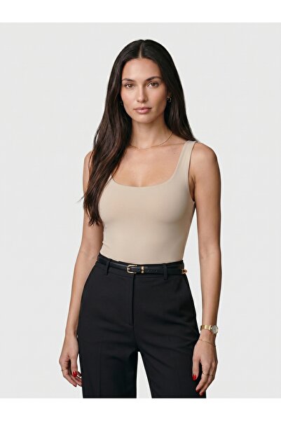 Noe Collection Kadın Kare Yaka Kalın Askılı Slim Fit Bodysuit Çıtçıtlı Body