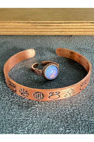 Rupen Kraft Handcrafted copper bracelet and natural stone ring set, adjustabl...