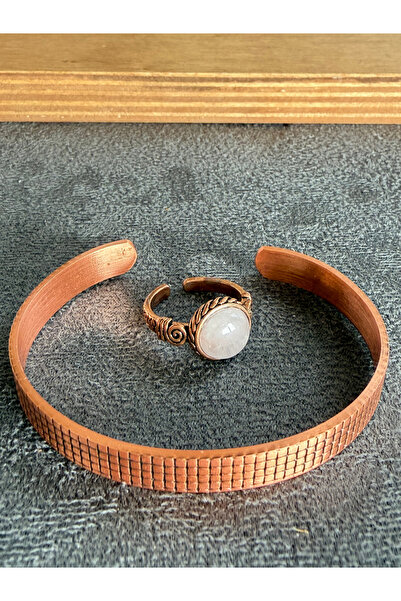 Rupen Kraft Handcrafted copper bracelet and natural stone ring set, adjustabl...