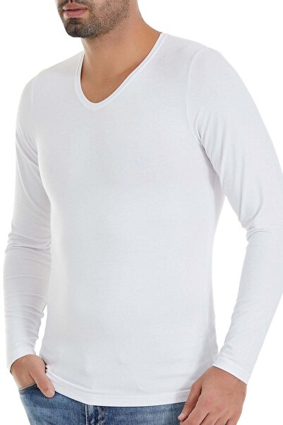 YILDIZ Bamboo V-Neck Men's Long Sleeve T-Shirt White
