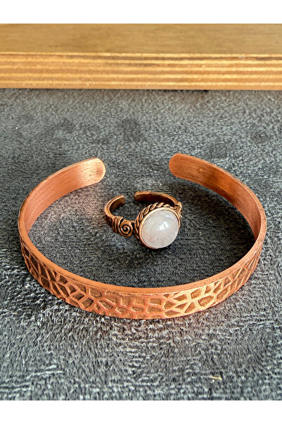 Rupen Kraft Handcrafted copper bracelet and natural stone ring set, adjustabl...
