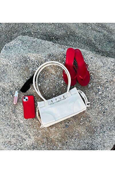SANTA FLEX Cream Straw Women's Hand and Shoulder Bag with Front Belt Detail