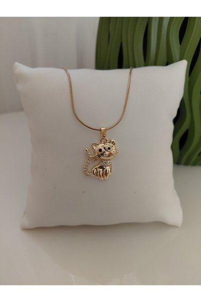 lavante butik kendini özel hisset Steel Necklace with Zircon Stone and Cat Figure