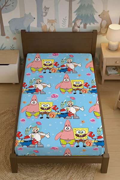 Talia Home Blue Spongebob Patterned Elastic Bed Sheet for Children's Room 100...