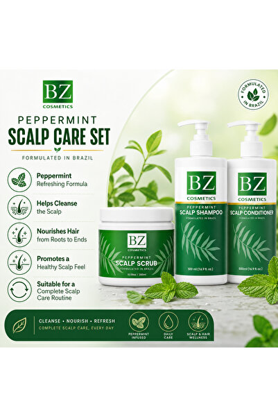 Bz Peppermint Scalp Care Set – Shampoo 500ml + Conditioner 500ml + Scalp Scru...