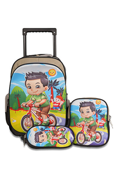 KTMC 3D Cartoon Bikes Tripple Backpack Set, Pen Bag, Lunch Trolley Bag, Schoo...