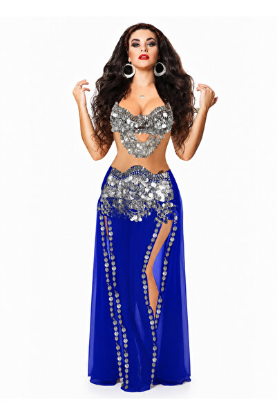 Sendal Belly Dance Bra and Skirt Set with Coins Decoration - Silver - One Size