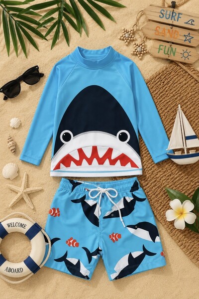 DeKuBaby New Season Character Patterned Children's Swimsuit Set with Sun Prot...