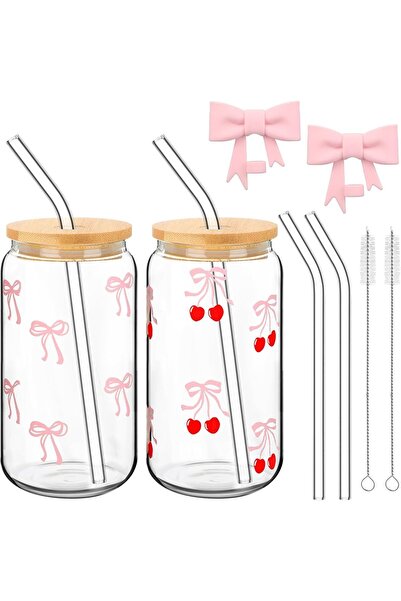 Generic Set of 2 Coquette Bow Glass Cup, 16oz Drinking Glass Cup with Lids an...