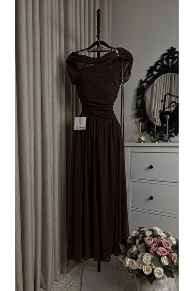 MYGROUP Elegant Draped Design Soft Pleated Chiffon Midi Evening Dress
