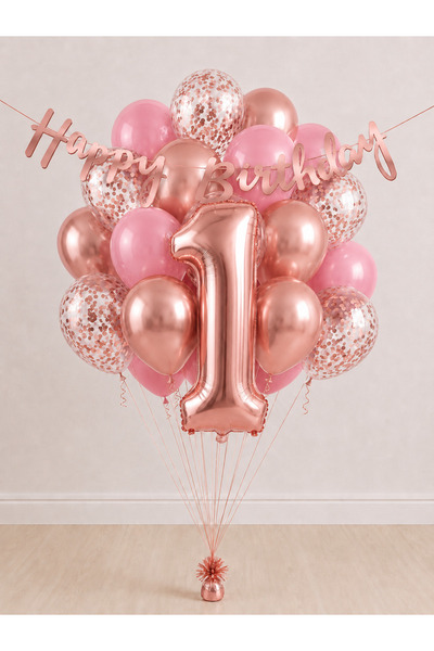 Balonsan -1- Age Rose Gold Happy Birthday Banner Themed Balloon Bundle 15 Pieces