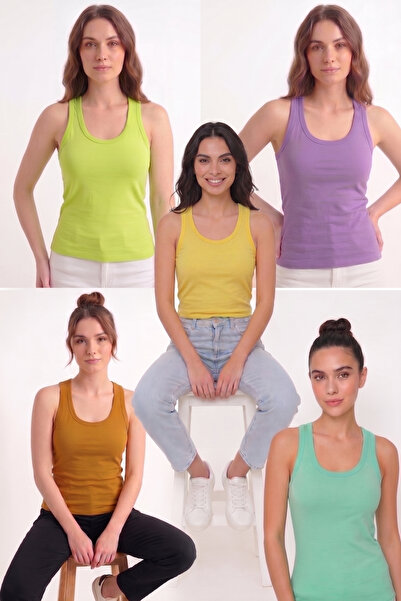 Modaonur 5'li Paket Kadın Renkli Basic Süprem Kalın Askılı Atlet Crop Büstiye...