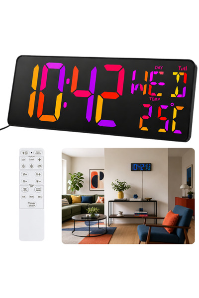 Sevgift RGB Renkli Büyük Ekranlı Dijital Duvar Saati | Timer, Saat, Tarih, Gü...