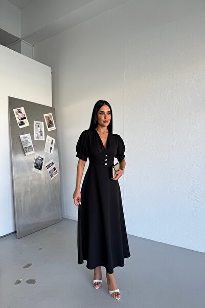 KAMACI BUTİK V-Neck Dress with Button Detail Design