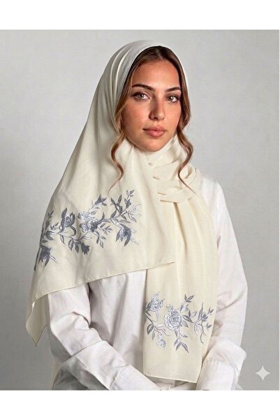 Veil Designer طرحه بوال اوف وايت طبقتين بتطريز علي الطرفين اغصان الورد سماوي ...