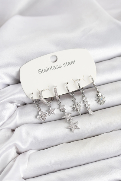 Clariss 316L Steel Silver Color Zircon Stone Star Detailed Women's Earring Set