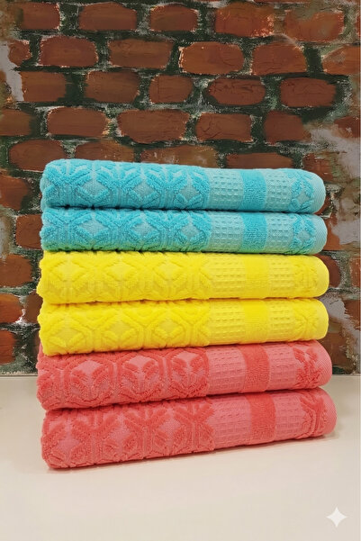 Özdilek Lyre Hand-Face Towel Set of 6 50X90 cm Yellow-Turquoise-Pomegranate F...