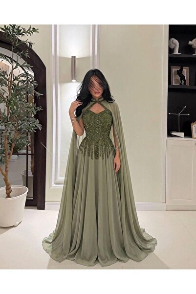 Mar style Luxury Cape Evening Dress with Shiny Embroidery