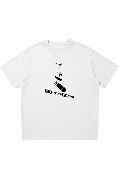 DASH WEAR Enjoy Freedom Printed White Oversize Crew Neck T-Shirt
