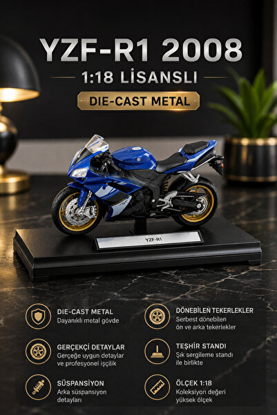 craftivio YZF-R1 2008 1:18 Ölçek Lisanslı Diecast Metal Motosiklet Maketi Kol...