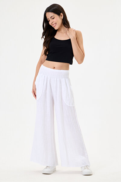 della moor Women's White Italian 100% Linen Elastic Waist Wide Leg Palazzo Tr...