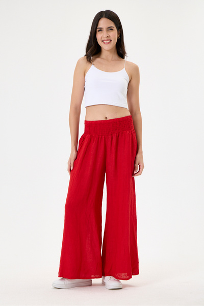 della moor Women's Red Italian 100% Linen Elastic Waist Wide Leg Palazzo Trou...