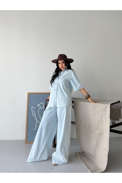 D'RECCY Women's Blue Shirt Wide Leg Denim Tencel Two-Piece Set