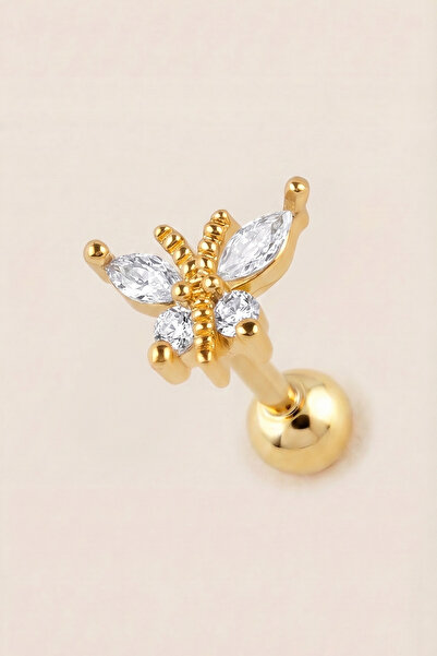 Hetra Altın Renkli Cerrahi Çelik Zirkon Taşlı Kelebek Figürlü Tragus Piercing...