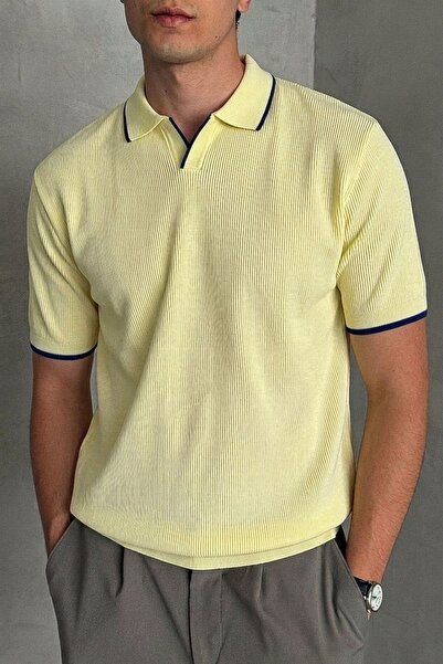 HYMAN Men's Oversized Brioche Knit Polo Collar T-Shirt