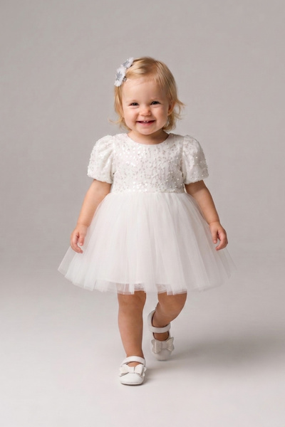 Le Mabelle White Sequined Beaded Baby Girl Dress - Gloria