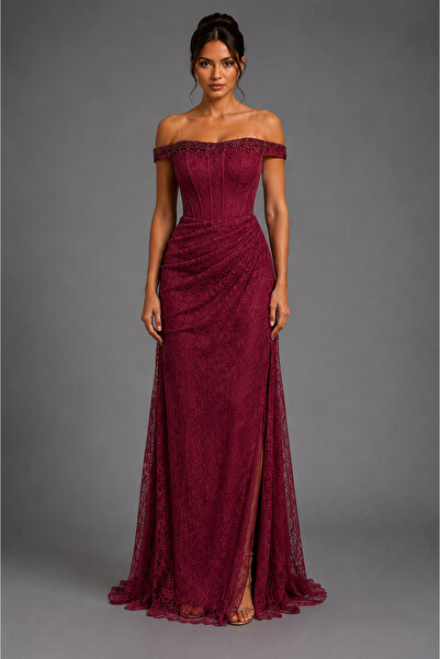 Queens dresses Burgundy Lace Long Off Shoulder Dress