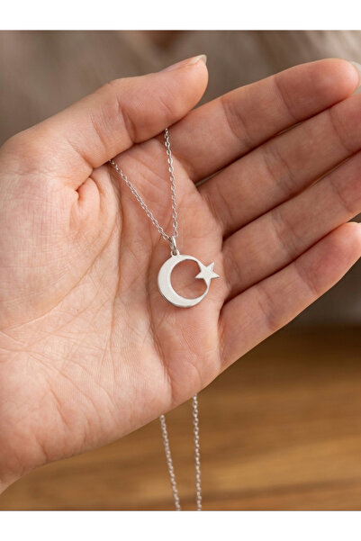925 Ayar Gümüş Ay Yıldız Kolye - Minimalist Parlak Türk Bayrağı Figürlü Kadın vs Erkek Kolye
