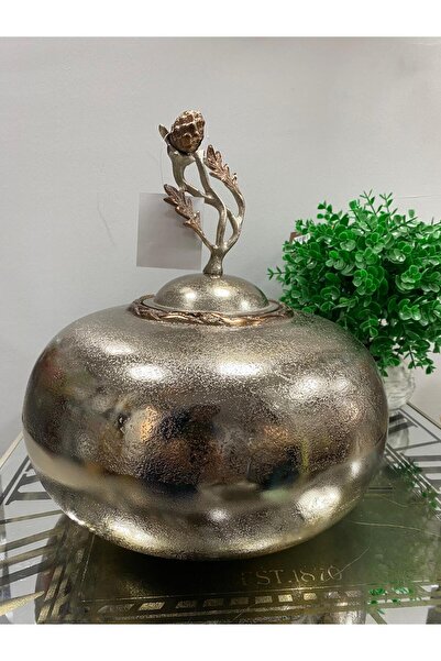 elif aksesuar Royal Aluminum Decorative Flat Vase with Lid 31X29Cm