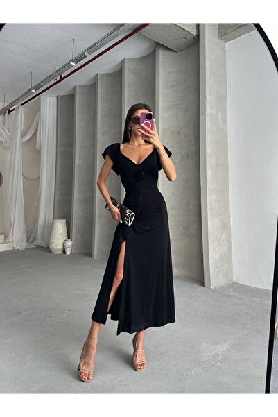 Generic Brand Rochie din viscoză simplă cu mâneci fluture și șliț