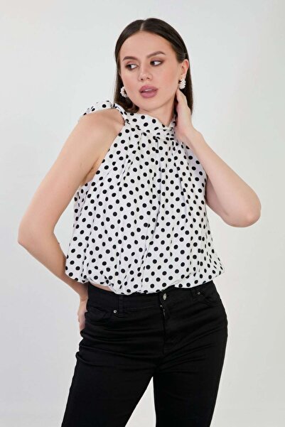 BARRELS AND OIL Women's halter neck polka dot blouse - white