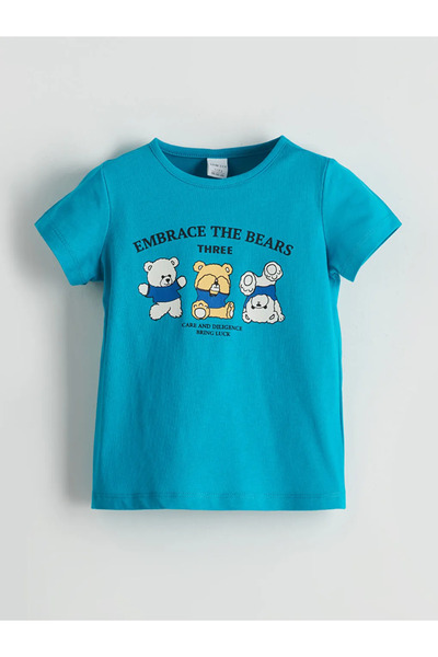 LC Waikiki Turquoise Cute Bear Printed Girls' T-Shirt