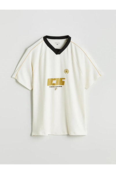 LC Waikiki Ecru V-Neck Printed Men's Sports T-Shirt