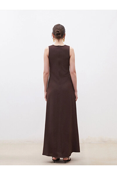 LC Waikiki Brown Crew Neck Crepe Dress