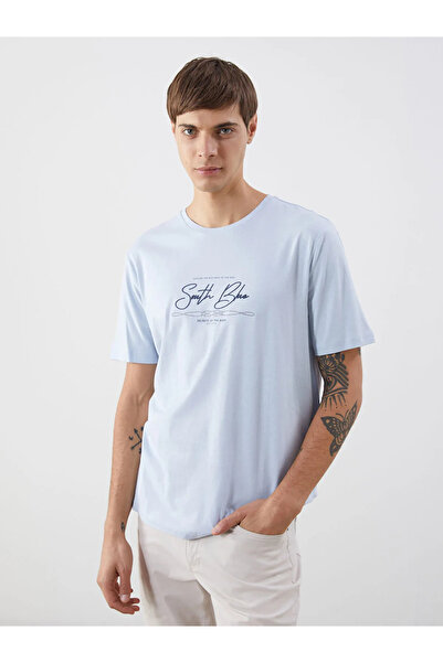 LC Waikiki Blue Crew Neck Printed Combed Cotton Men's T-Shirt
