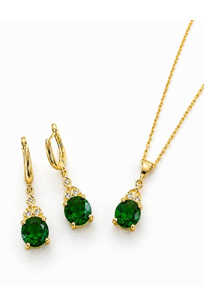 byess 925 Ayar Gümüş Yeşil Taşlı Lotus Motif Kolye Küpe Set