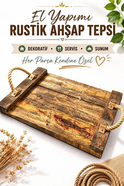 NEHOLİA Handmade Rustic Wooden Tray 40X29 cm with Rope Handles Breakfast Serv...