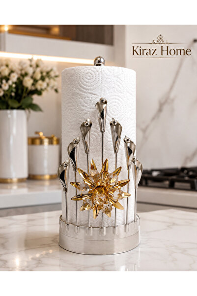 KİRAZHOME Lüx Gold Çiçek Detaylı Gümüş Metal Rulo Peçetelik Havluluk