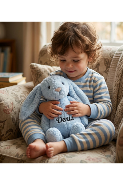 Tosbiş [ İSTEDİĞİNİZ İSMİ YAZIYORUZ ] Uyku Arkadaşı Tavşan Açık Mavi -İsim Baskılı Peluş Tavşan Oyuncak -Bebek Hediyesi -Yenidoğan -Çocuk Hediyesi