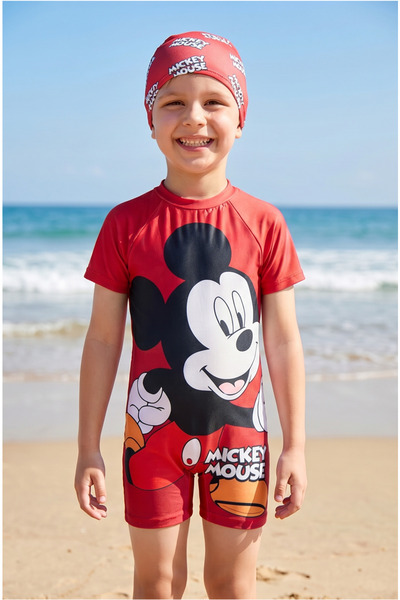 MAVİ BONCUKK Boy's Short Sleeve Jumpsuit Swimsuit and Swim Cap Set Suitable f...