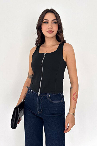 Noa&Noa Women's Zippered Cropped Athlete Top – Square Neck Fit Cut Casual Sty...