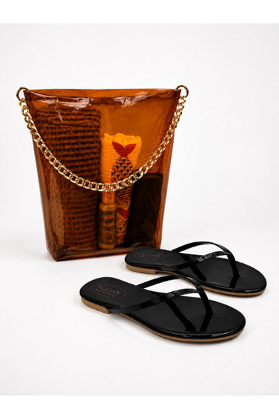 Fulian Women's Black Flip-Flops & Large Transparent Beach Bag Set – Summer Se...