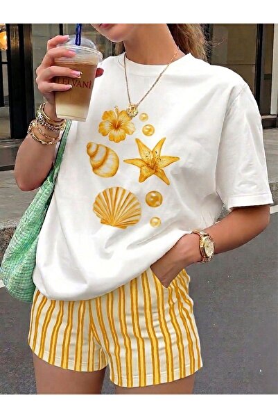 LELVANİ Women's T-Shirt with Seashell-Starfish-Tropical Flower Details
