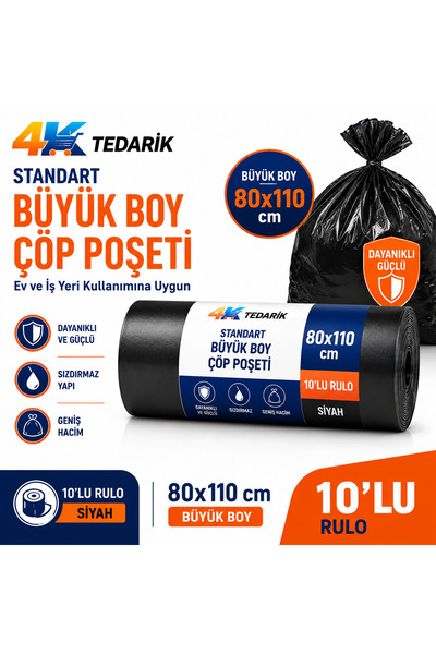 4K TEDARİK Standart Büyük Boy Çöp Poşeti 80x110 cm 10'lu Rulo | Ev ve İş Yeri...