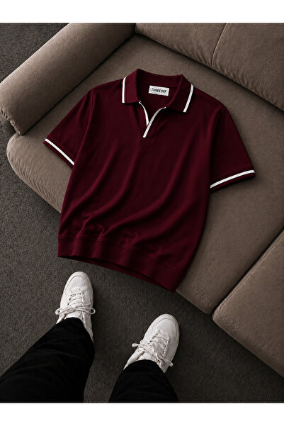 threeoff Erkek Polo Yaka Triko Tişört Kontrast Şerit Detaylı Premium Örme