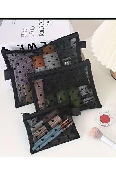 cicish 3’lü Set Siyah Kalp Makyaj Çantası-Seyahat-taşıma-Makyaj